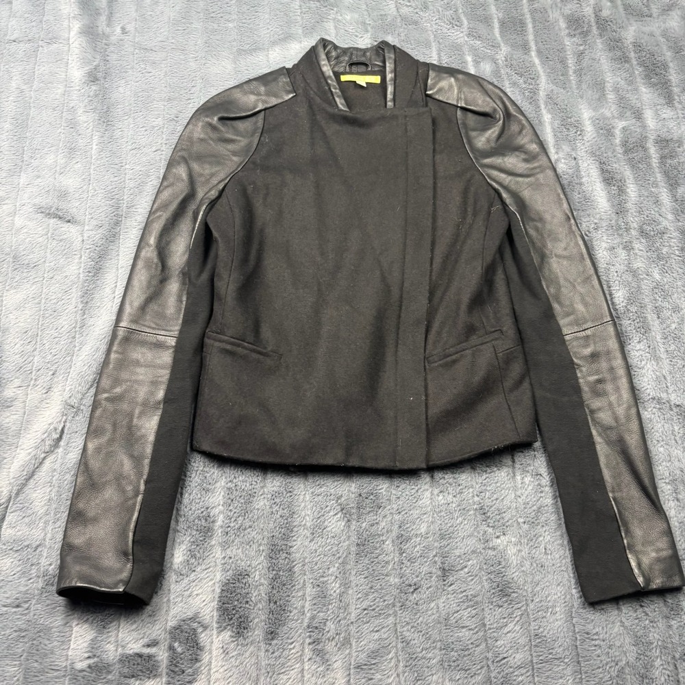 Gianni Bini Womens XS Black Wool Blend Jacket Genuine Leather Sleeves Mixed